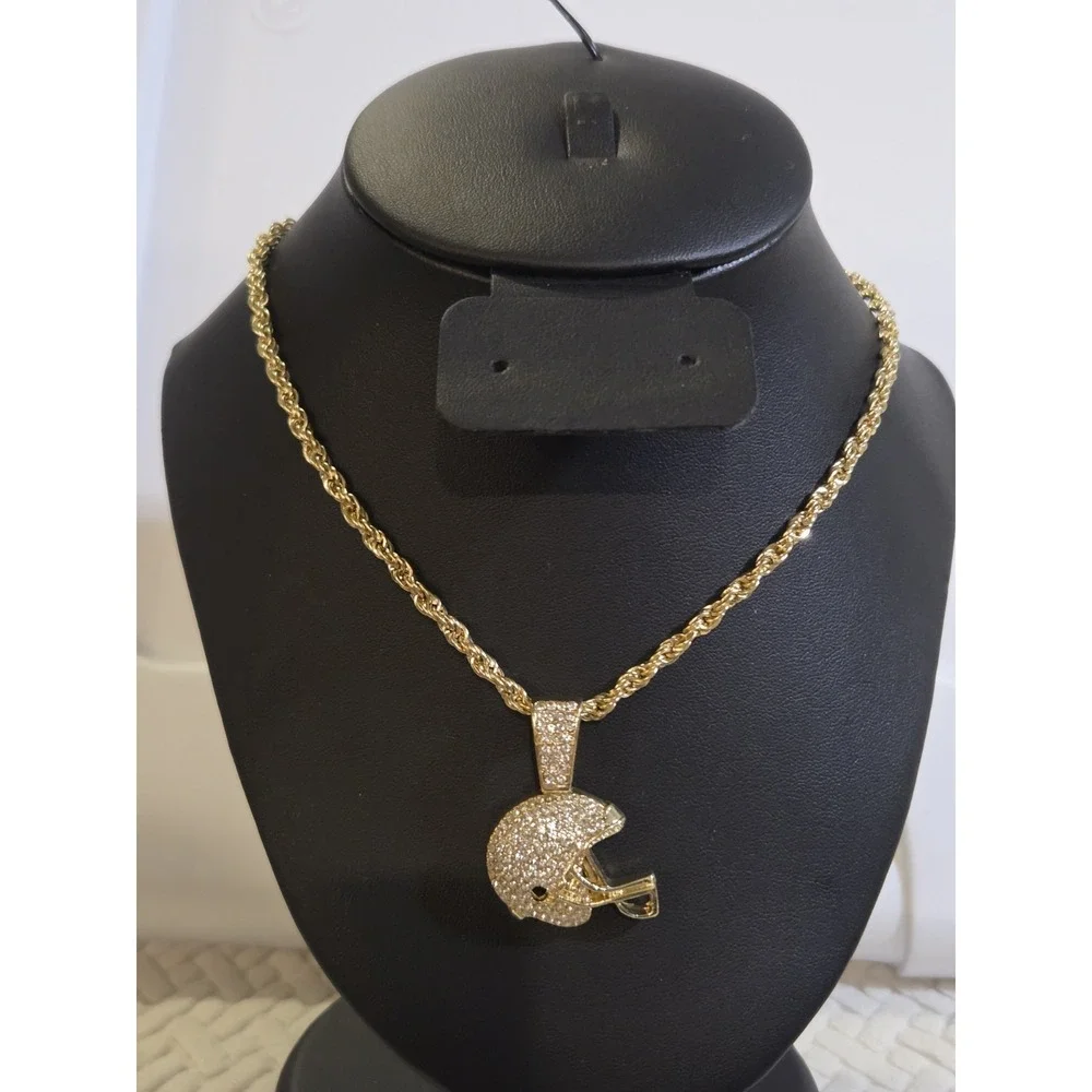 Iced Cz‎ 14k Gold Plated Football Player Helmet Pendant 24 Rope Chain Necklace